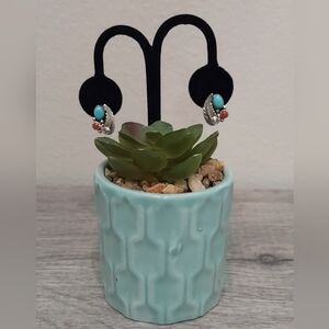 Richard & Rita Begay Sterling Silver Stamped Turquoise & Coral Native Earrings.